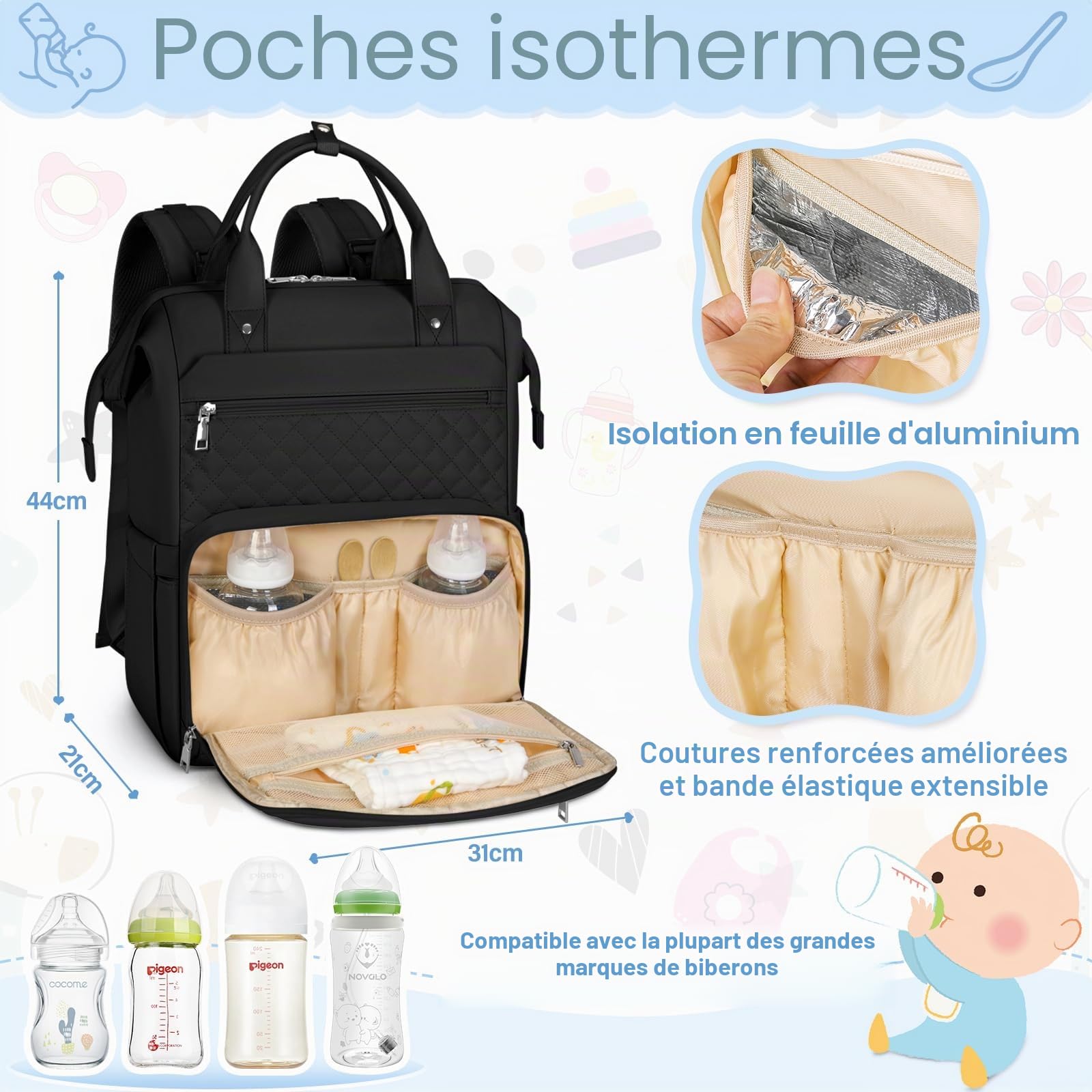 RAINSMORE Sac a Langer Bebe Multifonction Sacs à Dos à Langer Avec Matelas à Langer Grande Capacité Sac de Maternité Maman et Papa Noir
