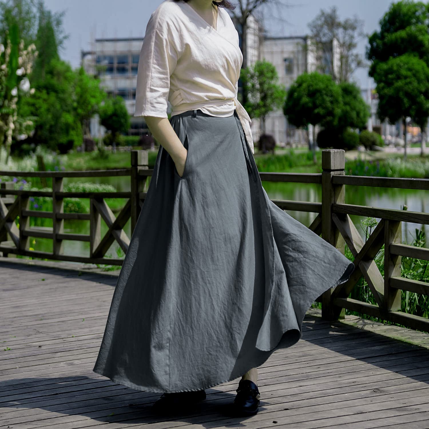 Falda cruzada de lino para mujer, estilo casual, falda vintage de lino acampanada
