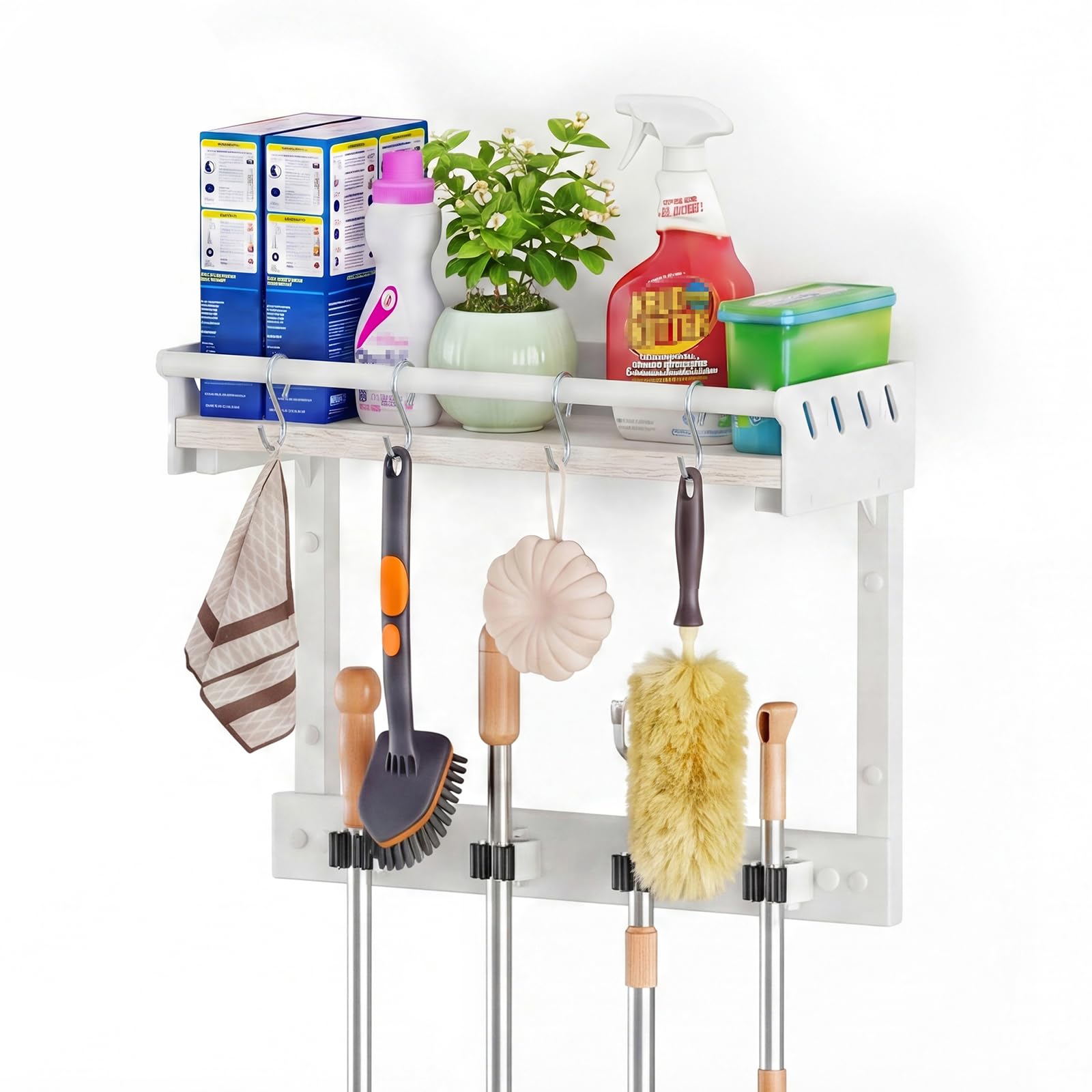 Broom & Mop Wall Mount with Shelf - Black -8