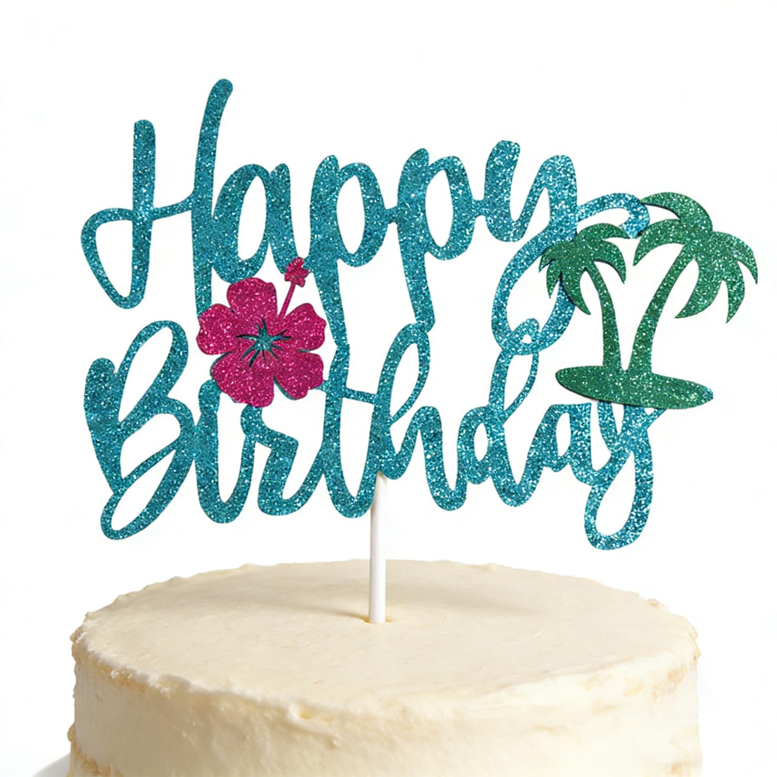 Tropical Cake Toppers - Hawaiian Birthday Cake Decorations with Palm Leaf & Hibiscus, Blue Happy Birthday Sign for Party Supplies (Set of 1)