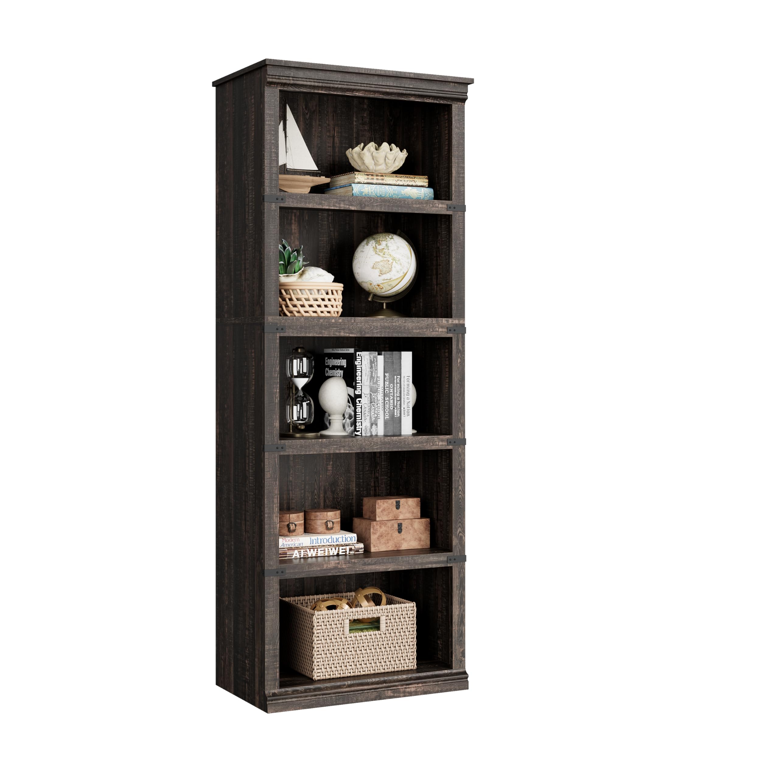 IDEALHOUSE 5 Tier Bookcase, Farmhouse Book Shelf with Storage, Tall Book Case Wooden 5 Shelf Bookcase for Home Office, Living Room, Bed Room(Oak, 67.4