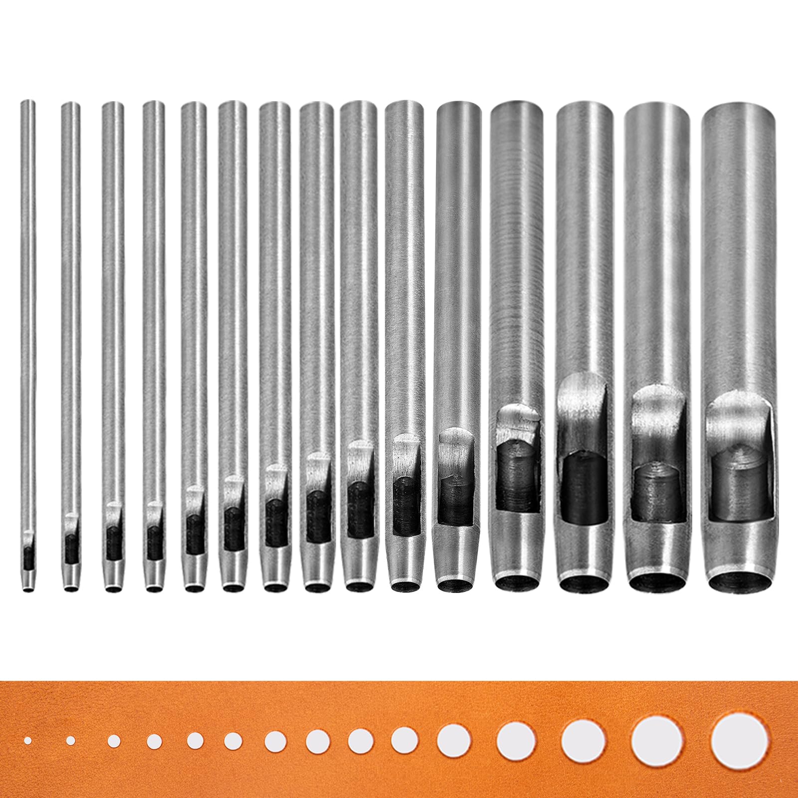 WUTA Locheisen Set,Basic Rund Hohlstanz-Schneidewerkzeug, Locheisensatz für Leder, Uhrenarmband, Dichtungsgürtel (15 Stück,0.5-15mm)