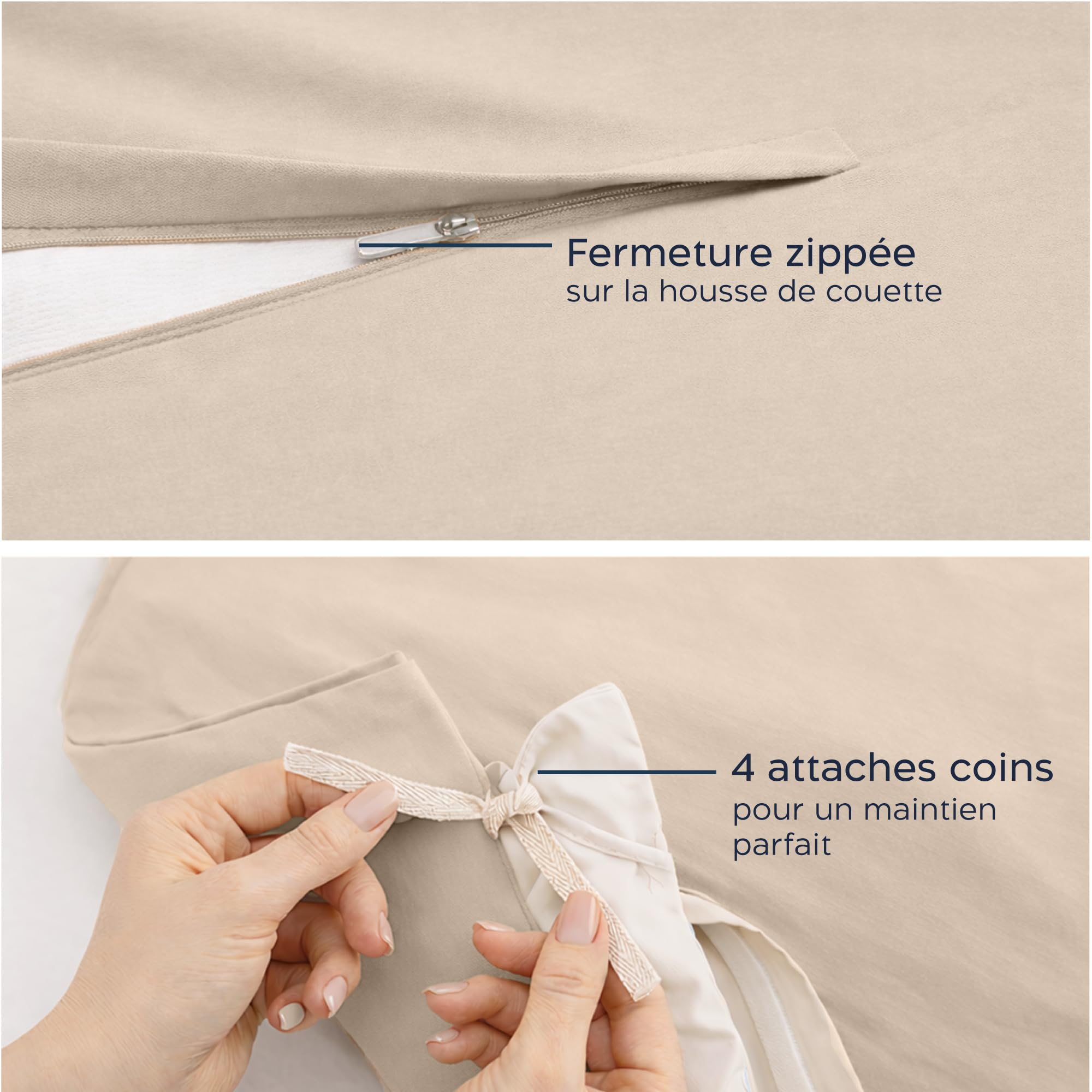 Twinzen Parure de lit 160 x 200-4 pièces - Housse de Couette 220x240 cm, Drap Housse 160 x 200 cm avec 2 taies d’Oreiller 65x65 cm - Microfibre brossée, Oeko-Tex - Beige