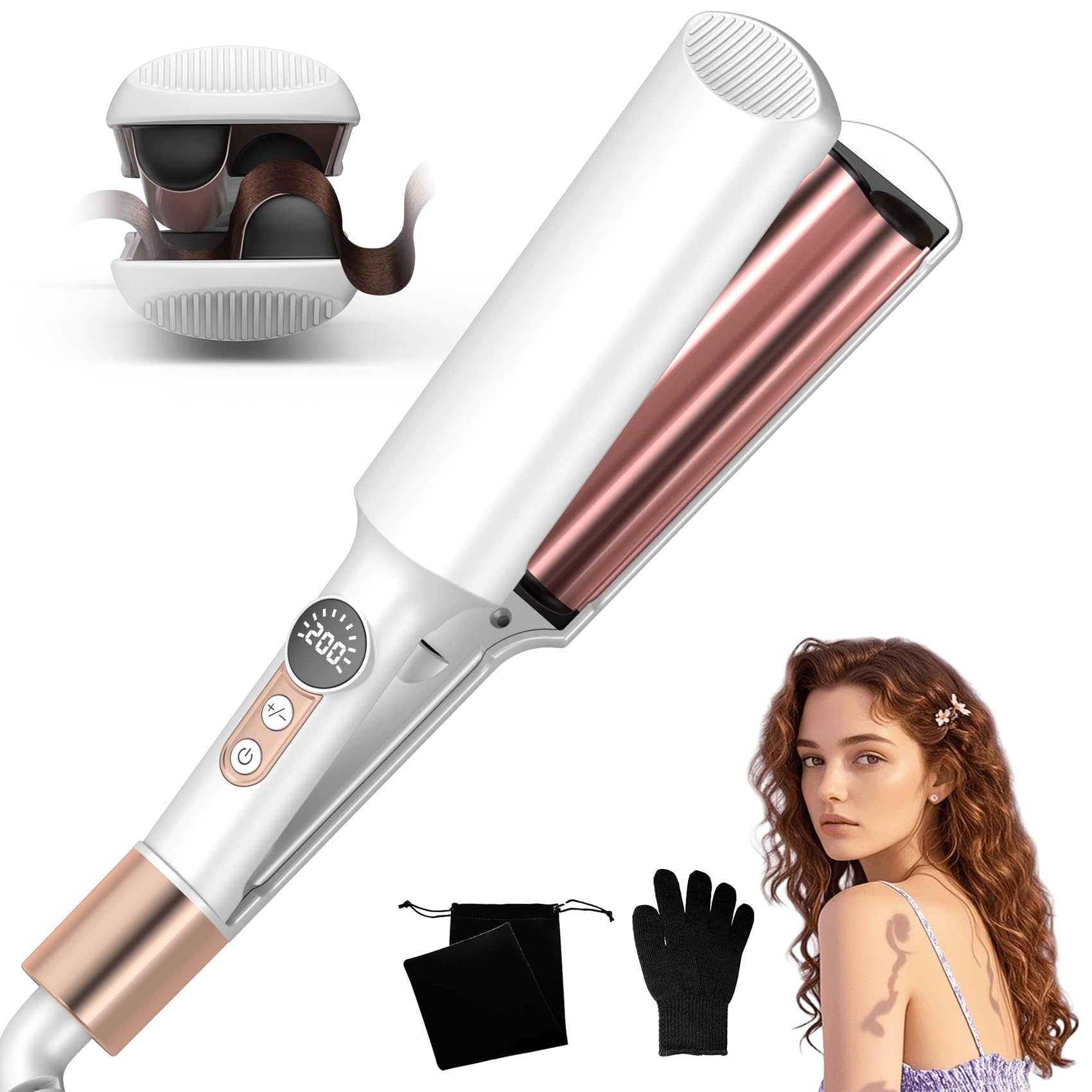 UKLISS Plancha ondulada, mini plancha ondulada para el cabello, pantalla LCD, 120 – 210 ℃, tamaño de viaje Beach Waves Rizador de pelo de sirena para ondulaciones de pelo, rizador de ondas ligeras