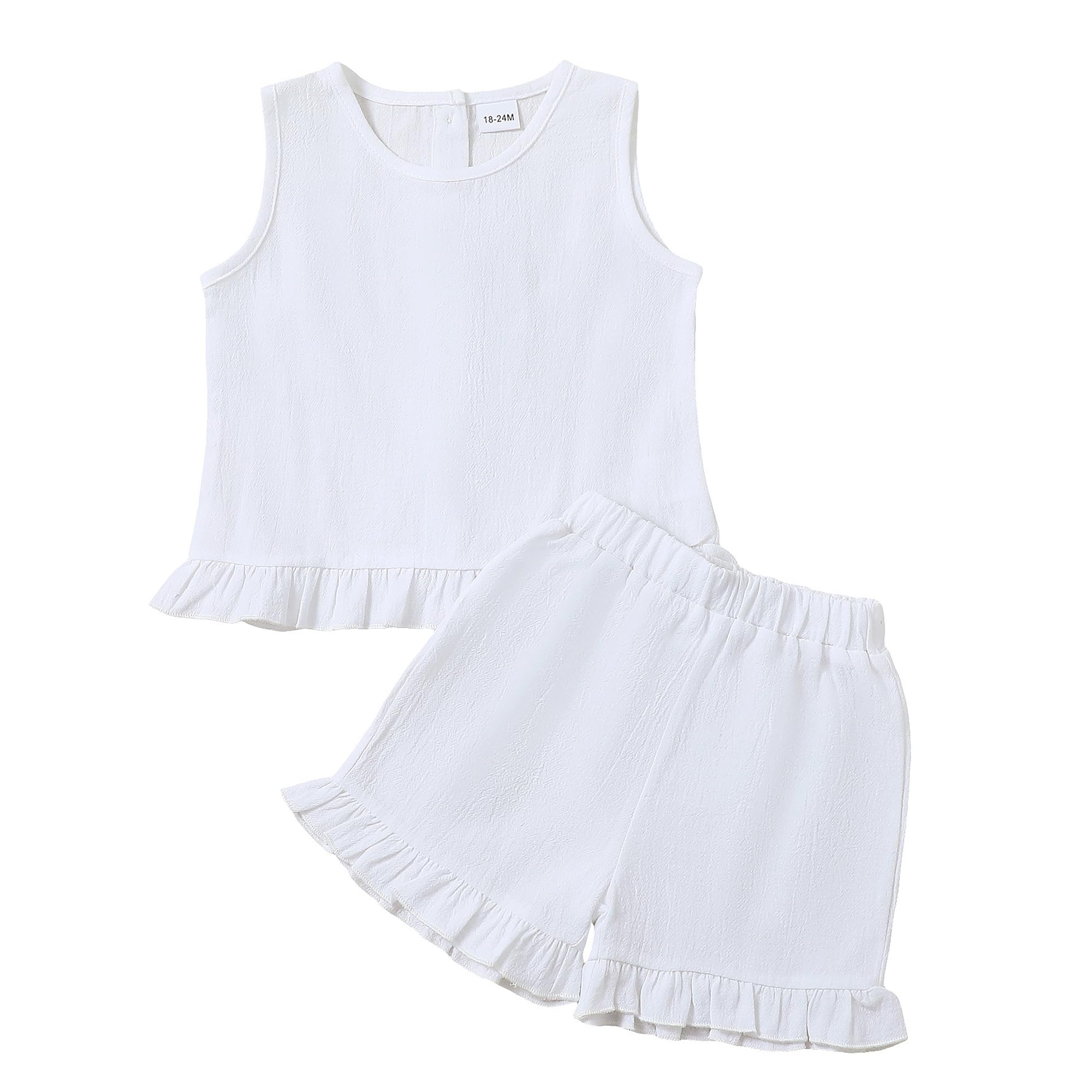 Toddler Girls Summer Outfits Ruffle Sleeveless Tank Top and Short 2 Piece Cotton Linen Back Buttons Clothes Set