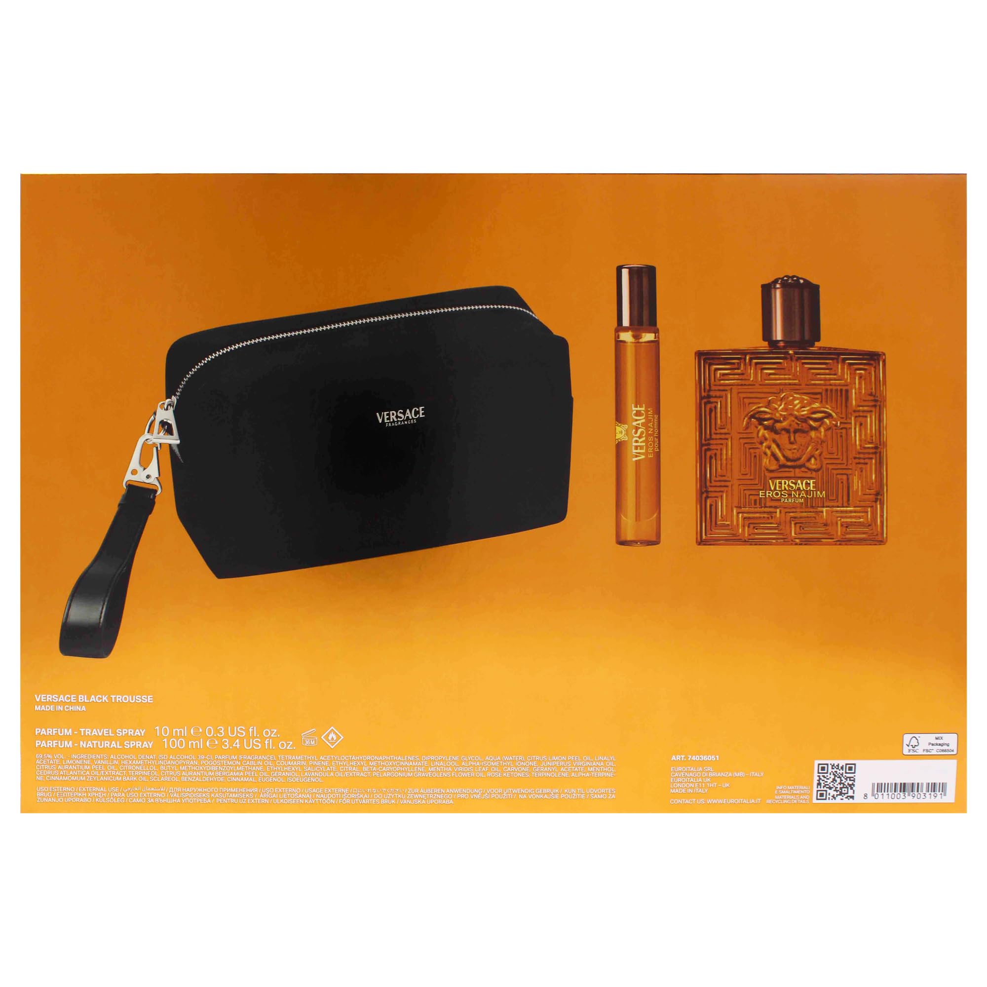 Versace Eros Najim Eau de Parfum Geschenkset 2025, 100 ml Parfum, 10 ml Reisespray und Kulturbeutel