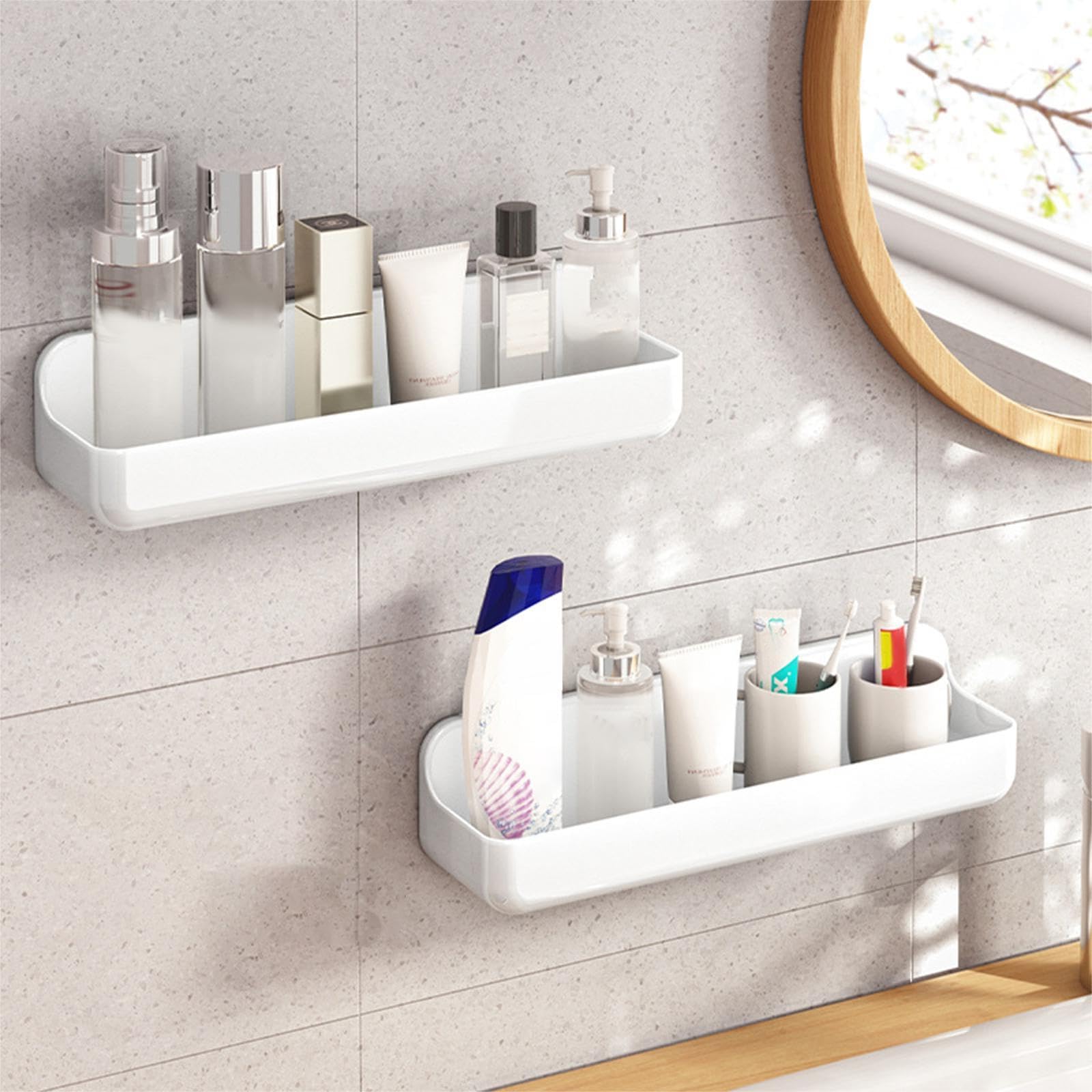 Diesisa 2 Piezas Estanteria Baño Sin Taladro, Estanteria Ducha Montaje en Pared, Estante Ducha Adhesiva, Organizador Ducha Secado Rápido, Estanteria Baño Sin Tornillos (Largo-Blanco)