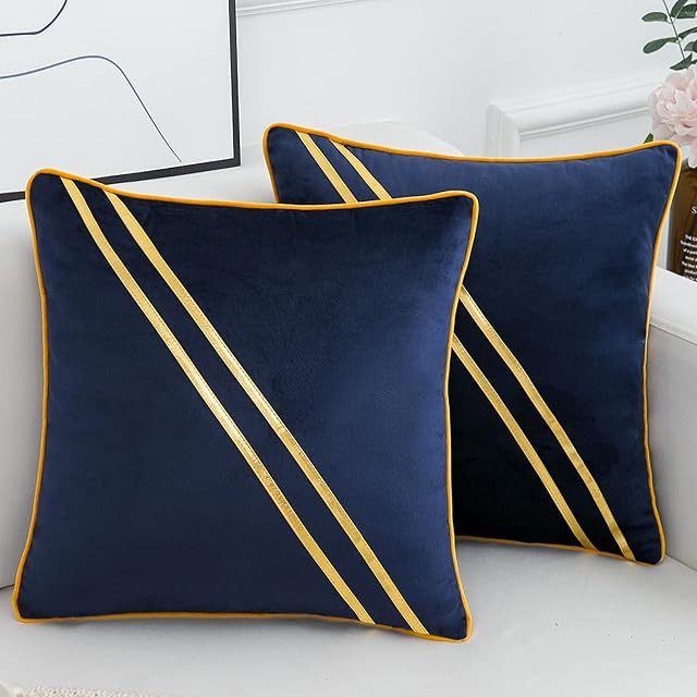 Pack of 2 Cushion Covers Velvet Gold Leather Striped Lines Square Decorative Accent Throw Pillow Cases Shells for Sofa Couch Bed Home Decoration, 18 x 18, Navy Blue