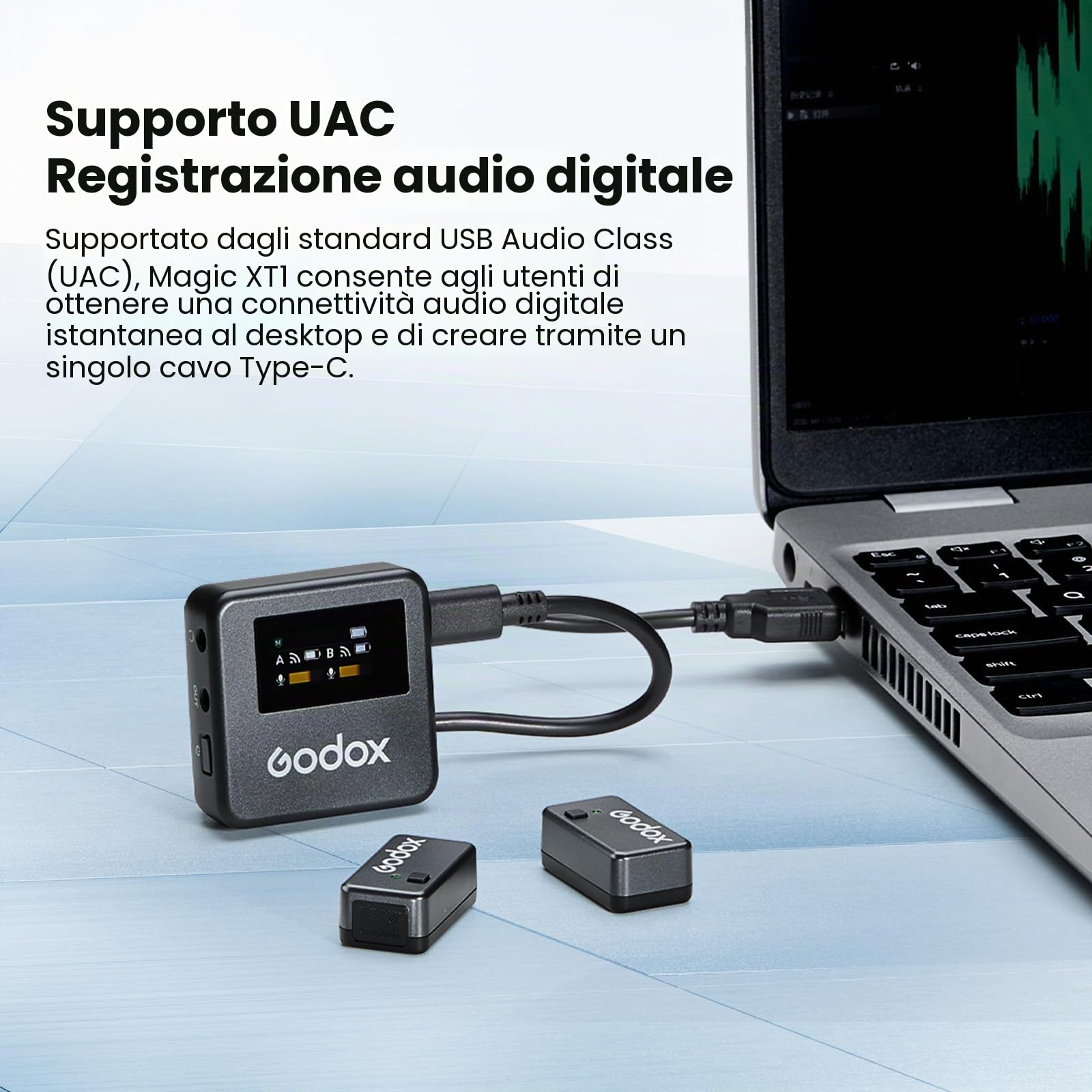 Godox Magic XT1 - Microfono wireless (2TX+1RX) per fotocamera, smartphone USB-C, 48 kHz/24 bit 200 m, mono/stereo/traccia di sicurezza, riduzione del rumore, microfono lavalier, touch screen per