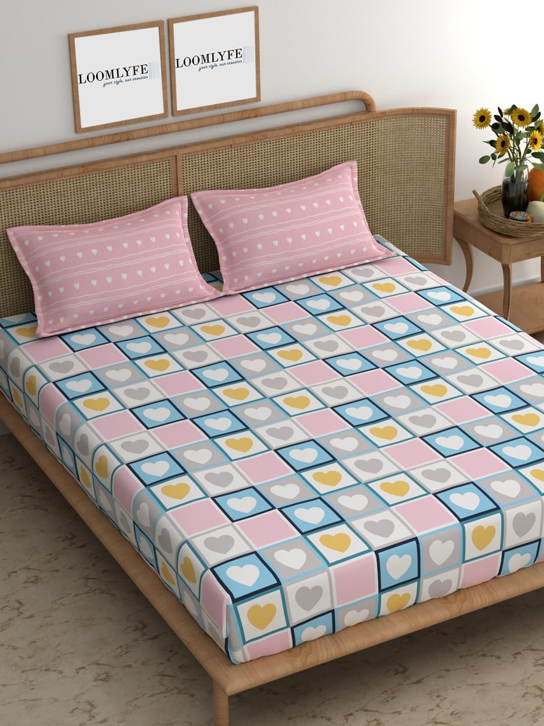 LOOMLYFE 300 TC Microfiber XXL Soft Cotton Super King Size Printed Bedsheet For Double Bed, 108 Inches X 108 Inches, 9 Feet, 275 X 275 Cm With 2 Large Size Pillow Covers - Pinkheart