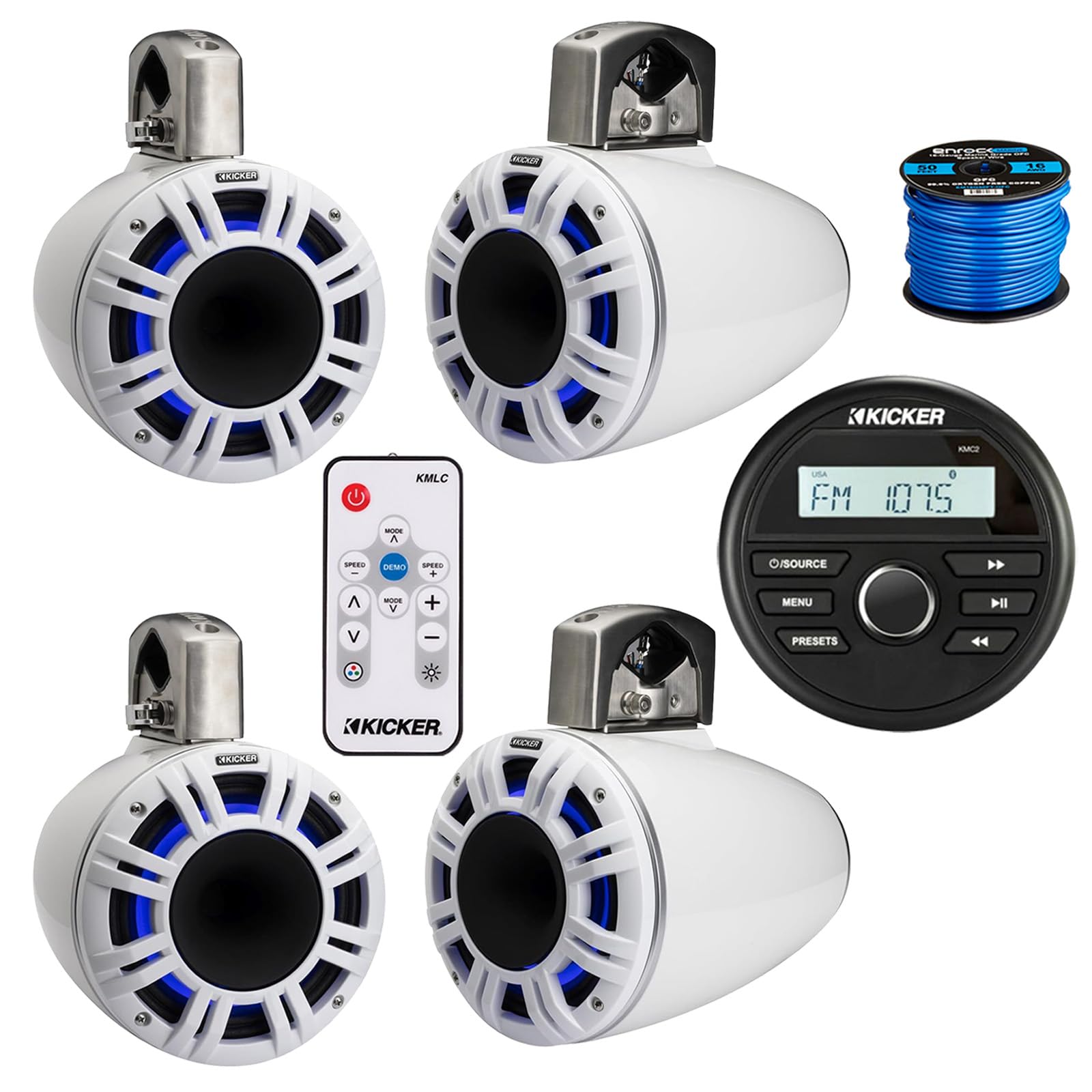 Kicker 46KMC2 All-Weather Marine Gauge Style USB Bluetooth AM/FM Media Center Receiver, 4X 6.5 300 Watt Peak Multicolor LED Marine HLCD Tower Speakers (White) with LED Remote, 16 Gauge 50 feet Wire