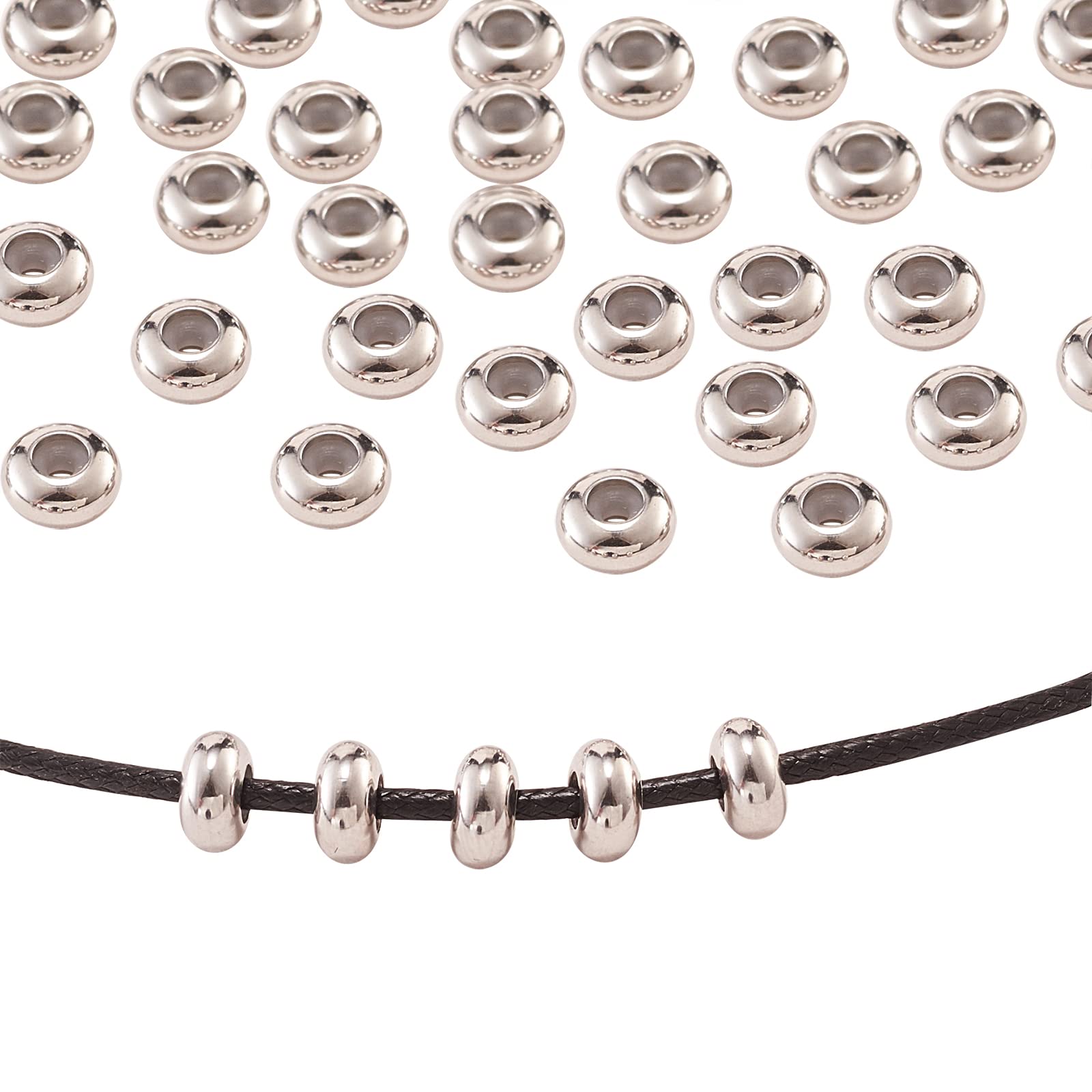 50pcs 304 Stainless Steel Beads With Rubber Inside Slider Beads