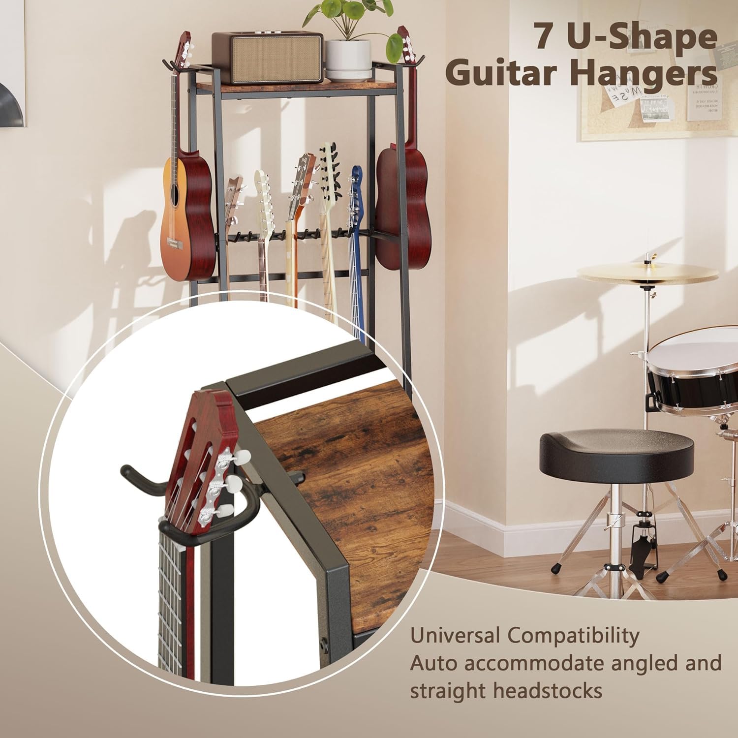 Guitarra Soporte para 5 - 7 Guitarras para Guardar Guitarra Acústica, Bajo, Ukelele,Tocadiscos, Envoltura de Espuma EVA de Doble Nivel, Soporte para Instrumentos Musicales (Marrón)