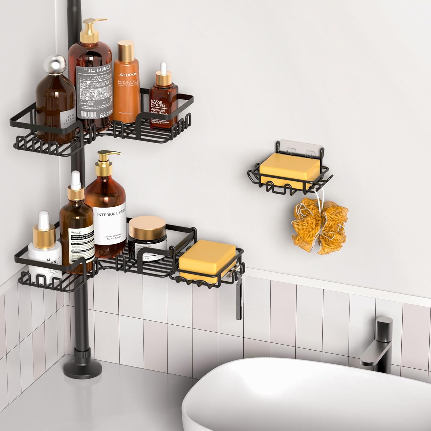 Tension Pole Shower Caddy 5x Stability, Adjustable Floor to Ceiling Shower Organizer, Standing Shower Tension Rod Shelves, 4 Tier Storage Shelves with 2 Soap Holders/Hanging or Adhesive, 25in-114in