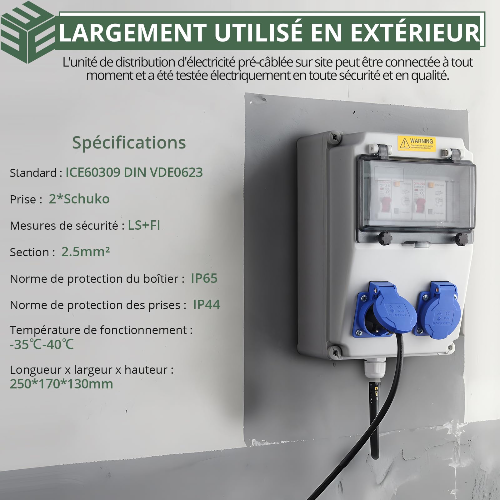 EYPINS Coffret Électrique de Chantier avec LS+FI-IP54 -Prise Schuko-230 V -Distributeur de Courant Électrique avec Disjoncteur Distributeur de Puissance Consommée pour Atelier/Usine/Garage