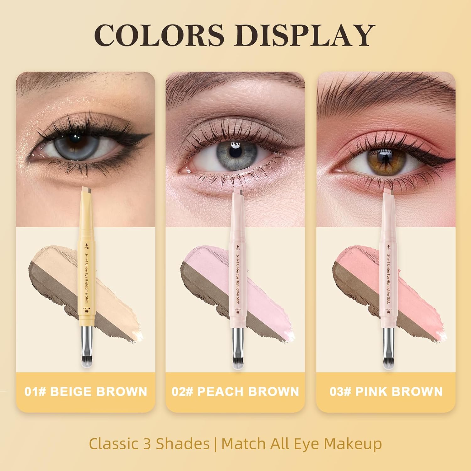 3PCS Double Ended Under Eye Highlighter Pencil 2 Color Cream Eyeliner Stick