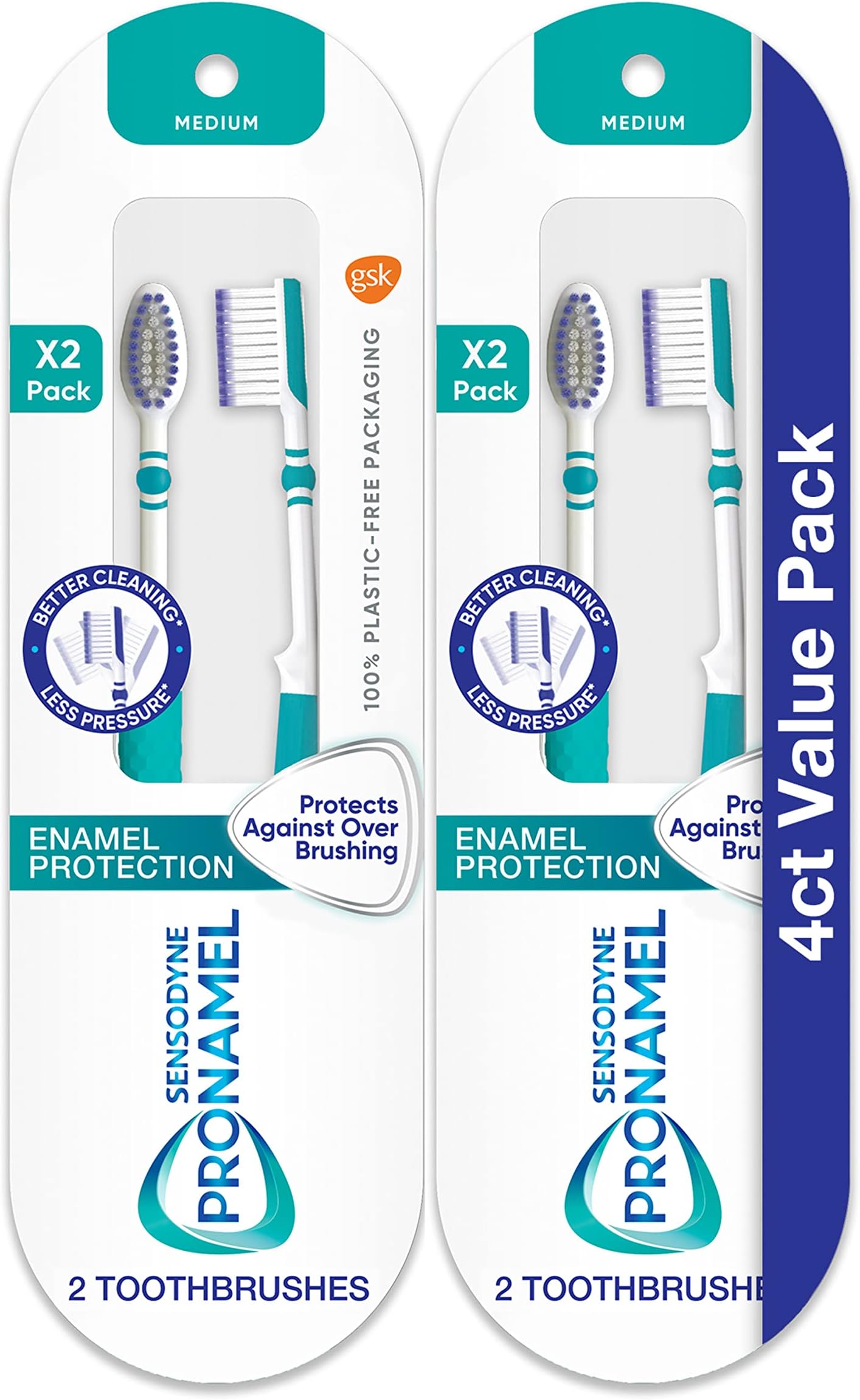 Medium Toothbrush, Provides Tooth Enamel Protection and Cleans Better with Less Pressure - 4 Count