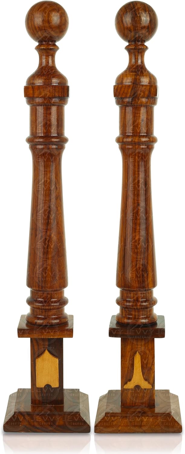 Masonic Lodge Ceremonial Wooden Column Set of 2 Pcs - 18" Handcrafted Tali Sheesham Rosewood Pillar Pillars with Walnut Finish and Inlay Logo - Traditional Lodge Presentation Furniture
