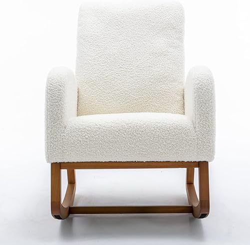 Winwee Silla mecedora tapizada de tela de poliéster con base de madera maciza y bolsillo lateral, moderna de mediados de siglo, silla mecedora de