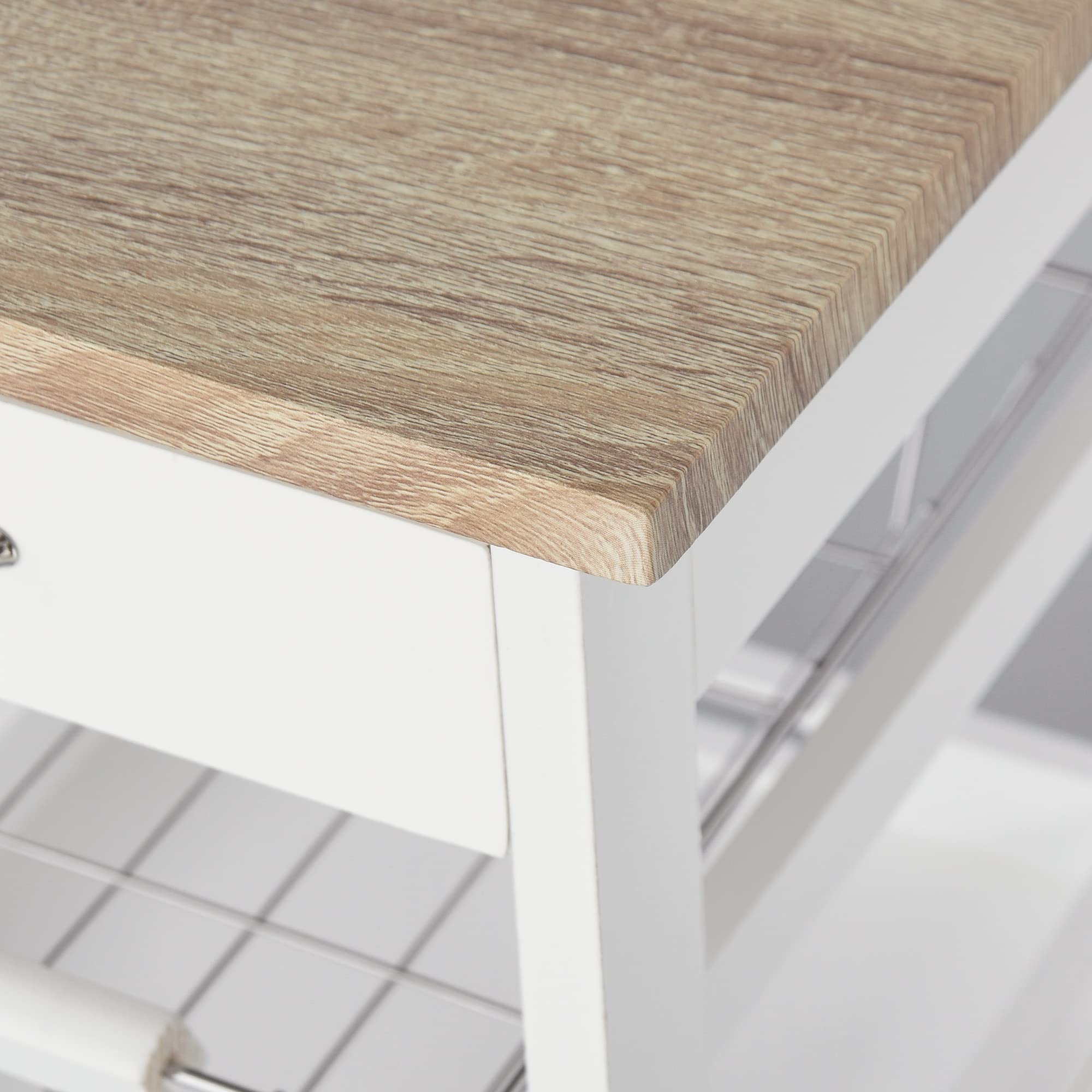 HOMCOM Chariot de Service Desserte de Cuisine à roulettes Blanc Chêne Clair | Panier, 2 Plateaux Amovibles, Tiroir, Étagère MDF Bois de Pin