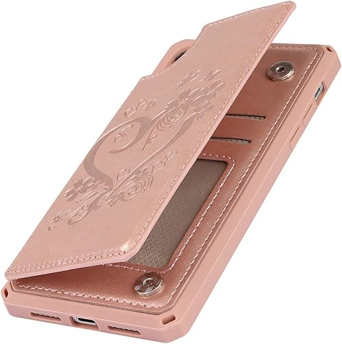 Miniatura 8 de iCoverCase Funda compatible con iPhone XR con tarjetero para mujer, con bloqueo RFID en relieve, de piel sintética, con correa de muñeca (oro rosa