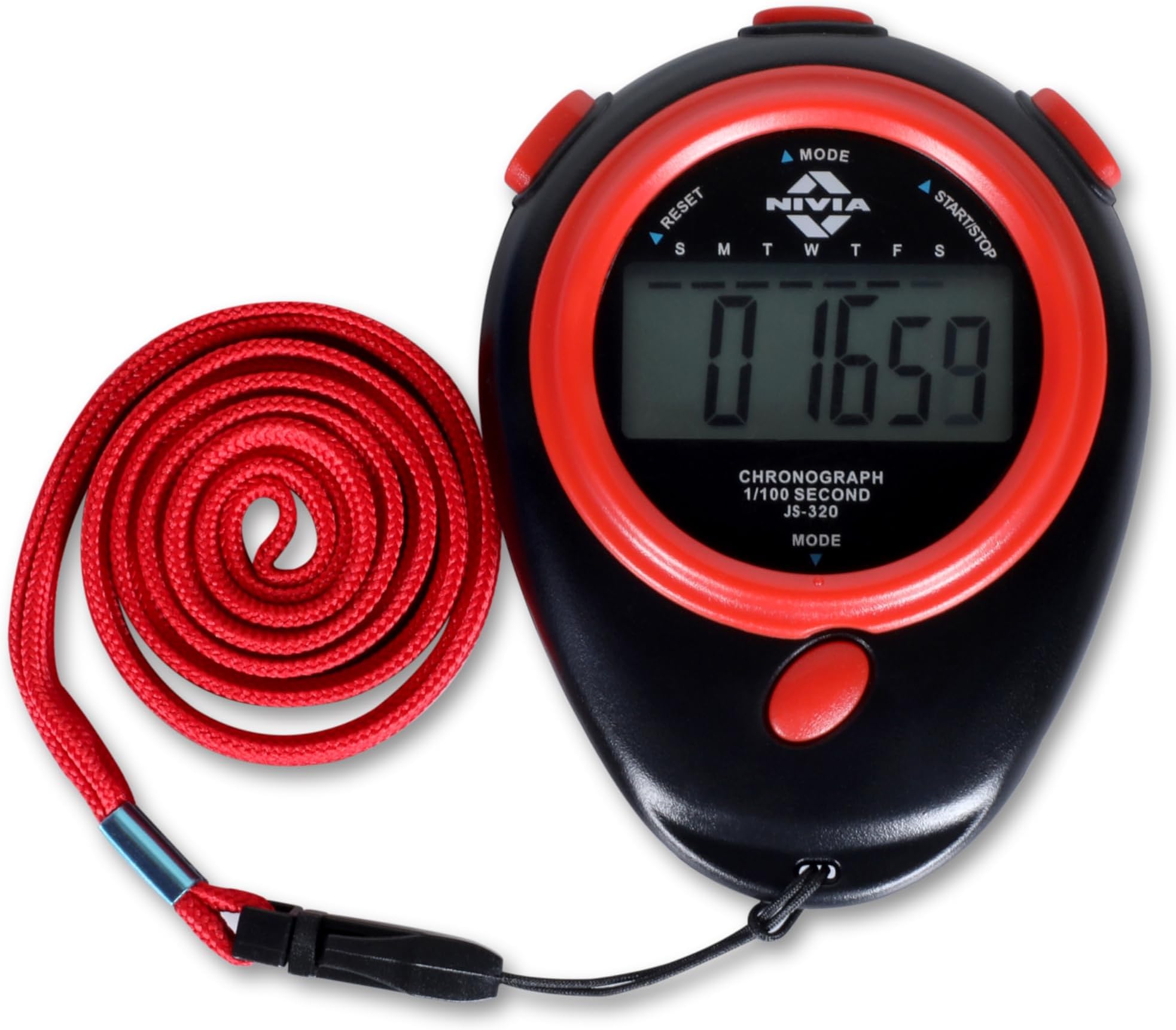 Nivia JS-320 | Multi-Function Electronic Digital Stopwatch | Large Display with Date Time and Alarm | Coaches, Sports Timer, Running, Gym, Outdoor (Black-Red)