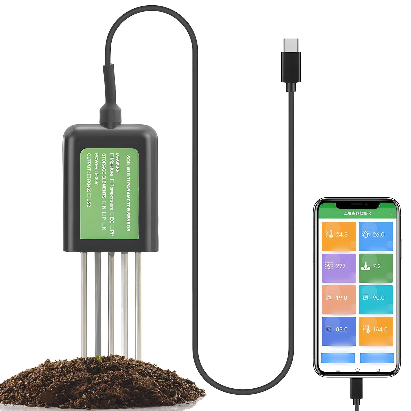 7 en 1 capteur de sol USB, testeur de sol intelligent pour l'humidité du sol, pH, température et les nutriments, l'équipement d'essai de sol imperméable IP68 pour jardin, pelouse, l'agriculture