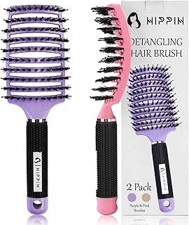 Boar Bristle Hair Brush Set of 2, HIPPIH Wet & Dry Hair Brushes Made by Fine Natural Boar Hair Can Adds Shine and Smoothing, Detangling Hairbrush for Women, Men & Kids' Long Curly Thick Hair
