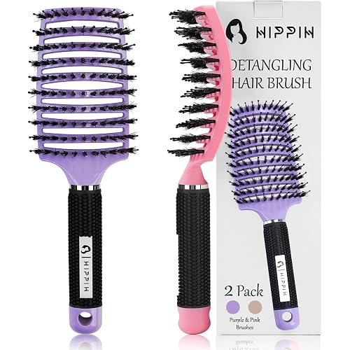 Boar Bristle Hair Brush Set of 2, HIPPIH Wet & Dry Hair Brushes Made by Fine Natural Boar Hair Can Adds Shine and Smoothing, Detangling Hairbrush for Women, Men & Kids' Long Curly Thick Hair