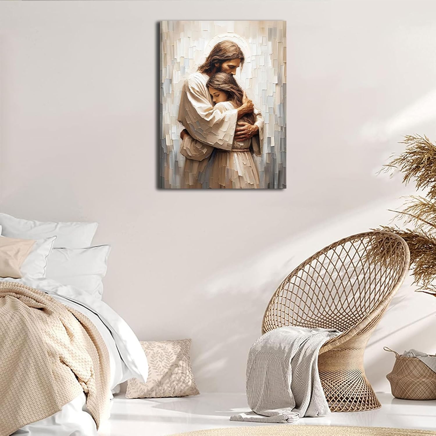 XXG Jesus Hugging Woman Canvas Wall Art Jesus And Woman Safe In His Arms Wall Decor Pictures Modern Christian Healing Embrace Print Poster for Bedroom Living Room Church Home Decoration Ready To Hang