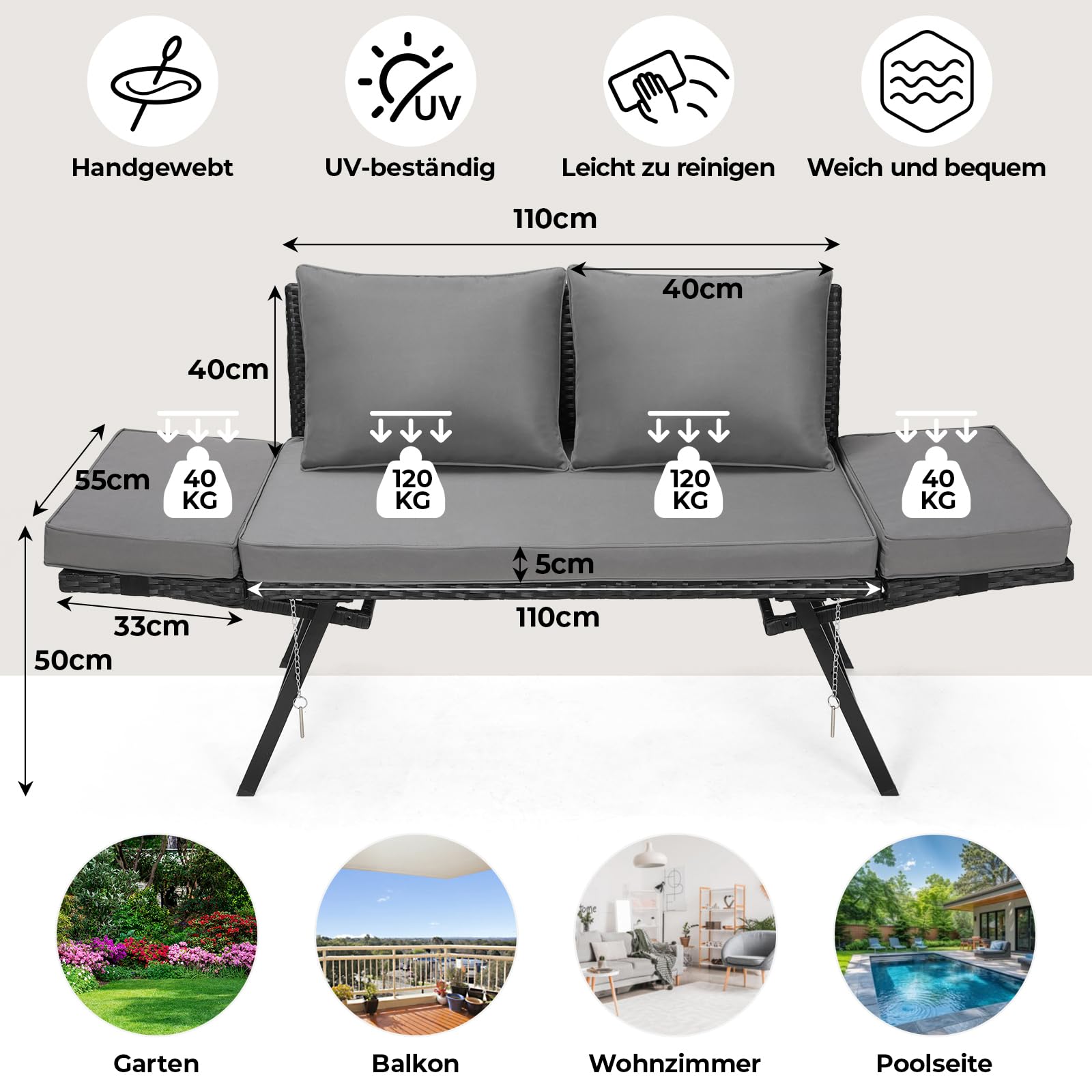 LIFERUN Banc de Jardin en polyrotin avec Fonction allongée, 2 Places, canapé de Jardin en rotin synthétique, avec accoudoirs réglables, résistant aux intempéries, pour terrasse, Jardin, Balcon, Noir