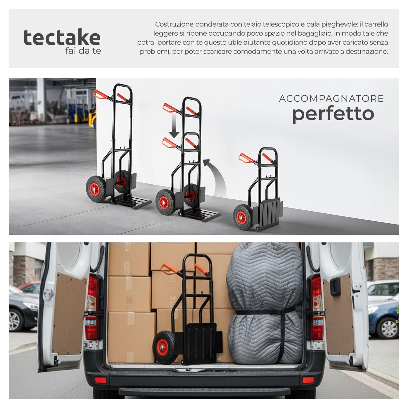 tectake® Carrello Portapacchi, Telaio Estensibile, Traverse Arrotondate, Paletta di Carico Ripiegabile, Proteggi-Ruote, Carrellino con Ruote e Maniglie di Sicurezza - Nero
