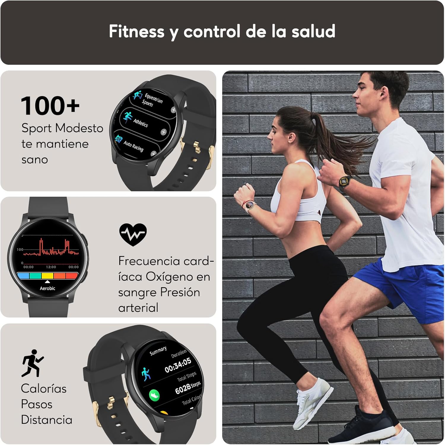 AcclaFit Reloj Inteligente Hombre Mujer con Llamadas Bluetooth, Smartwatch Esfera Redonda 1,38″ con 147+ Modos Deportivos, Pulsómetro, Monitor de Sueño, IP68 Impermeable, Compatible con Android iOS 4