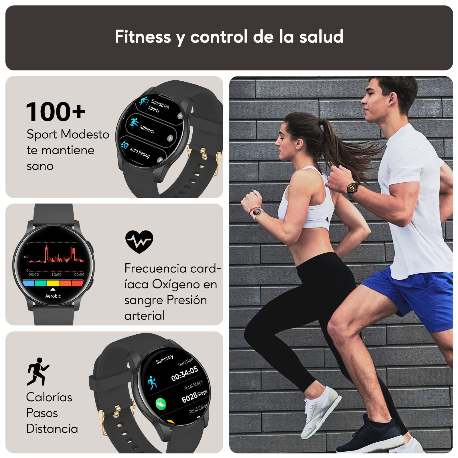 AcclaFit Reloj Inteligente Hombre Mujer con Llamadas Bluetooth, Smartwatch Esfera Redonda 1,38" con 147+ Modos Deportivos, Pulsómetro, Monitor de Sueño, IP68 Impermeable, Compatible con Android iOS