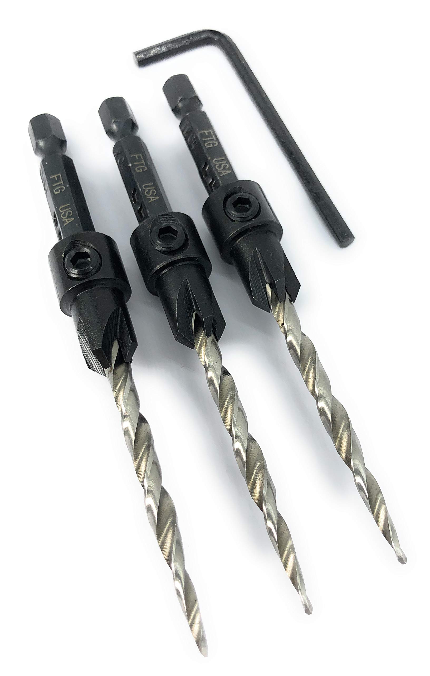 FTG USA 3 Piece Same Size #8 (11/64") Adjustable Wood Countersink Set with Tapered HSS Woodworking Drill Bit and Hex Wrench (1/8" Allen Key)