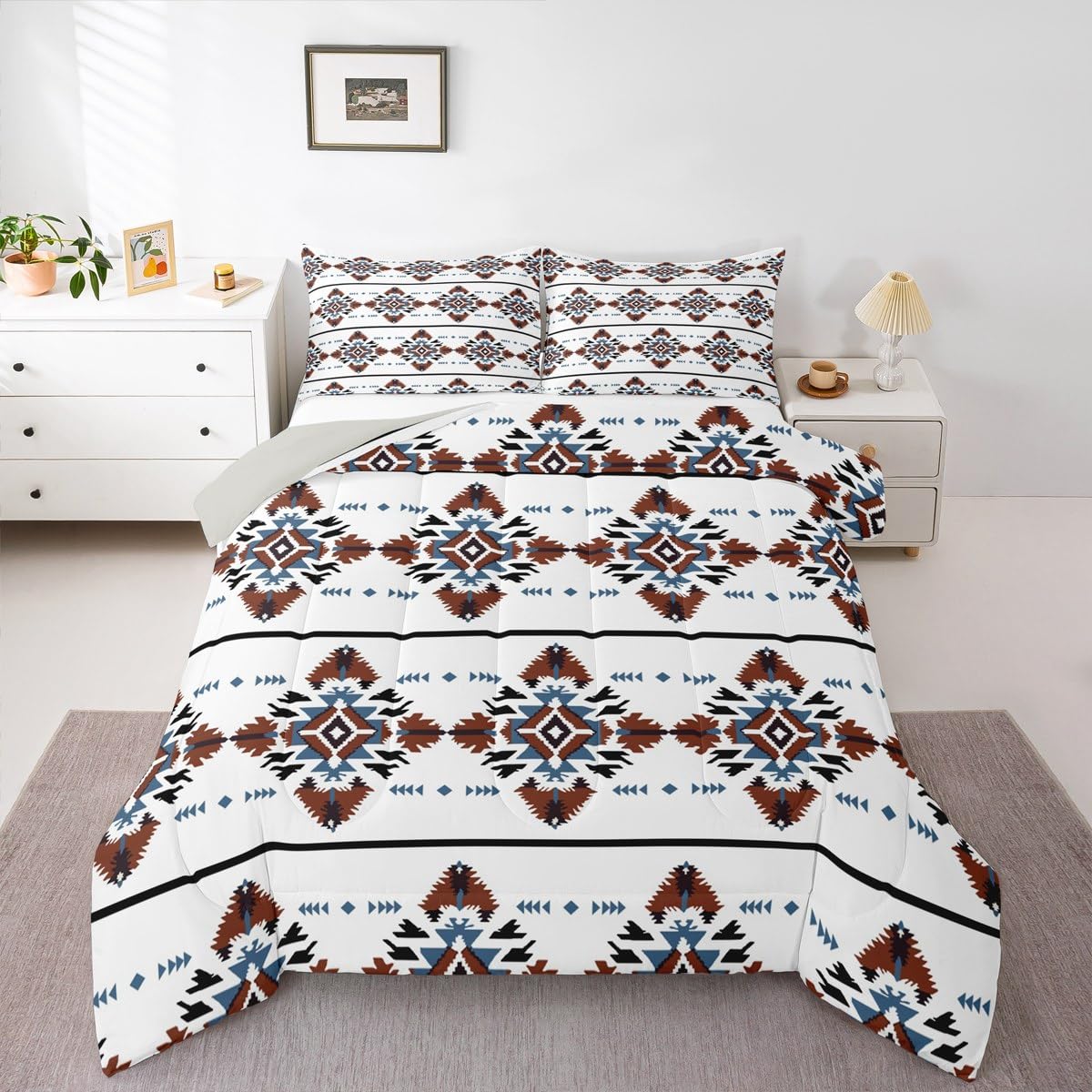 Feelyou Boho Comforter Set Queen Size Aztec Bedding Set for Kids Boys Girls Bohemian Style Duvet Quilt Modern Bedroom Decor Microfiber 3 Pcs with 2 Pillow Cases