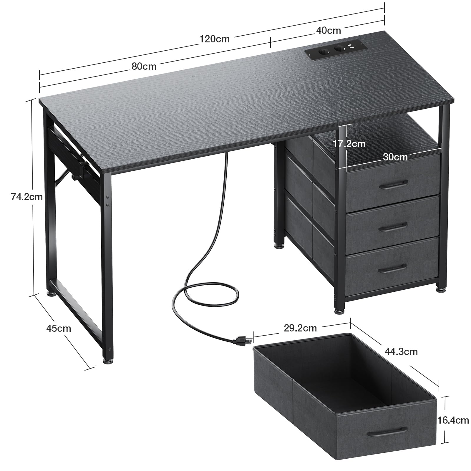ODK Scrivania con 3 Cassetti, 120x48x75,5 cm Scrivania per Ufficio con 2 Prese di Corrente e Prese USB, Scrivanie PC Reversibili Scrittoio Scrivanie per Computer Domestico, bureau, Nero