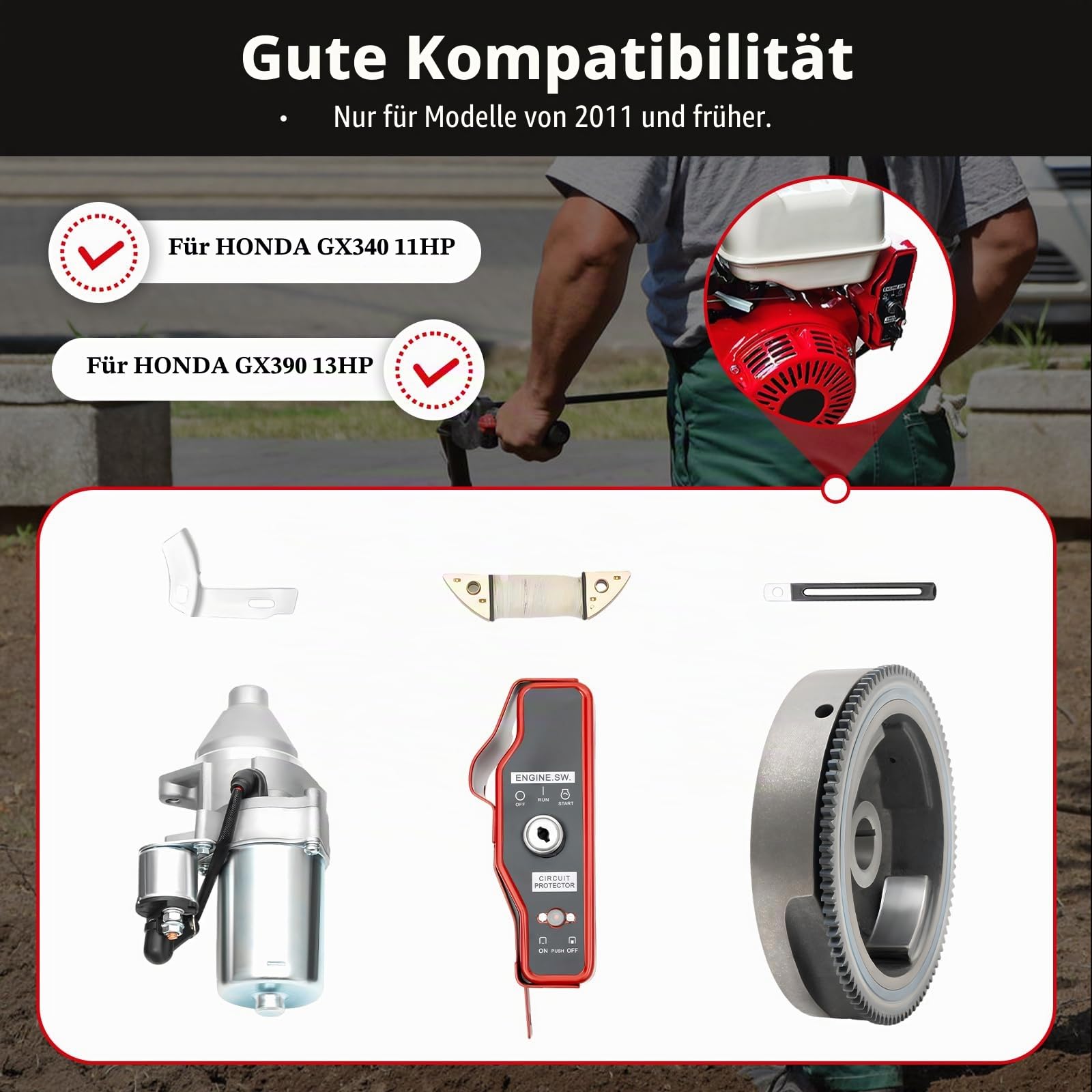 Elektrostarter Kit für Honda GX340/GX390 (bis 2011) – Komplettset mit Anlasser, Schwungrad & Schlüsselschalter – Elektro-Starter Motor, Direkter Ersatz