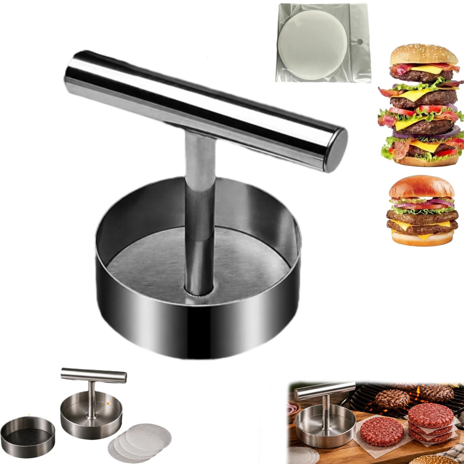 Stainless Steel Burger Press - Manual Patty Maker for Perfect Round Burgers, Ideal for Grilling, MealPrep & Home cooking, Heavy Duty Non-Stick (1PC+50PCS*Meat Separation Paper)
