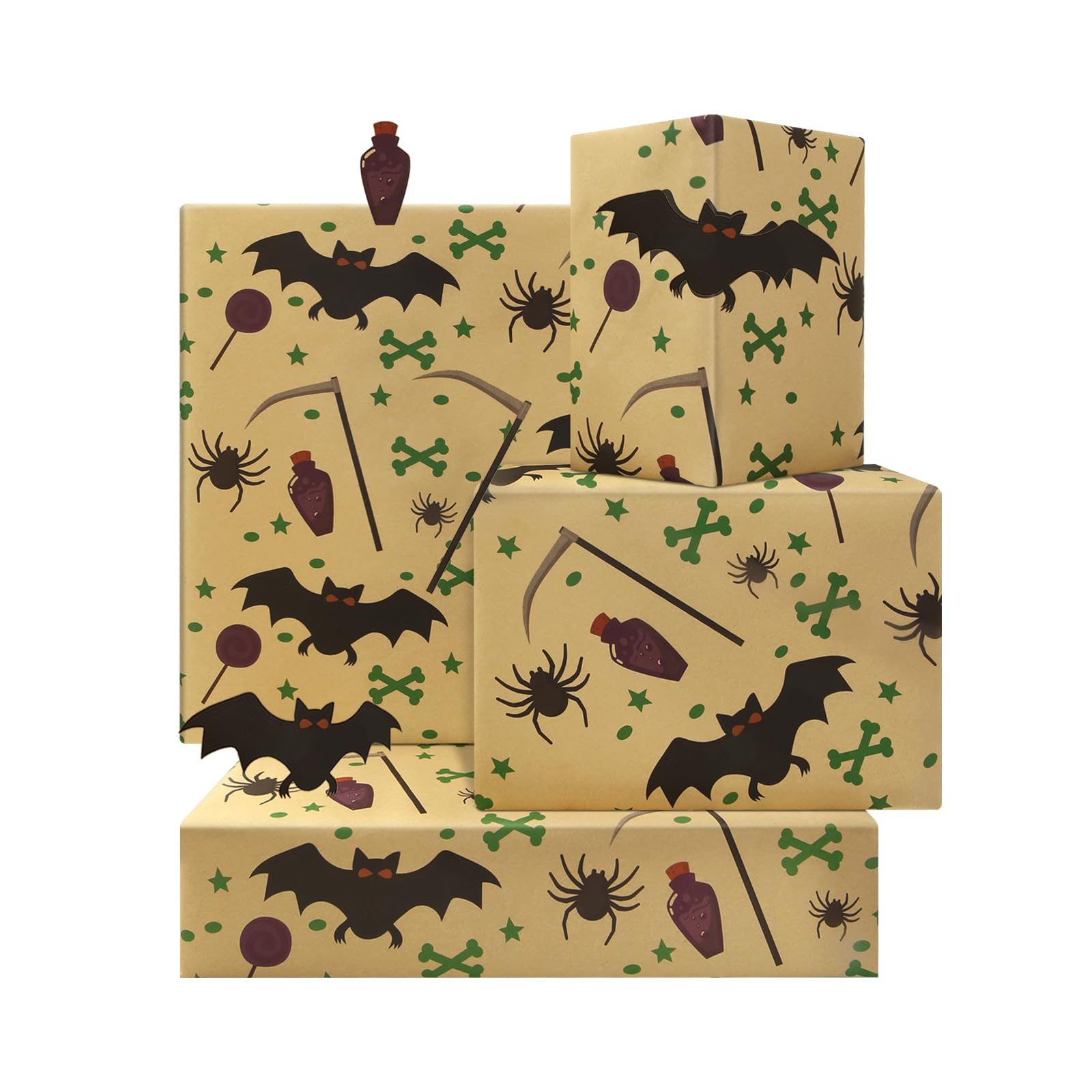 Bat Wrapping Paper, Bats Spider Skull Scythe Print Spooky Horror Halloween Theme Gift Wrap Paper for Women Men Halloween Holiday Christmas DIY Art Craft Gift Wrap - 4 Sheets