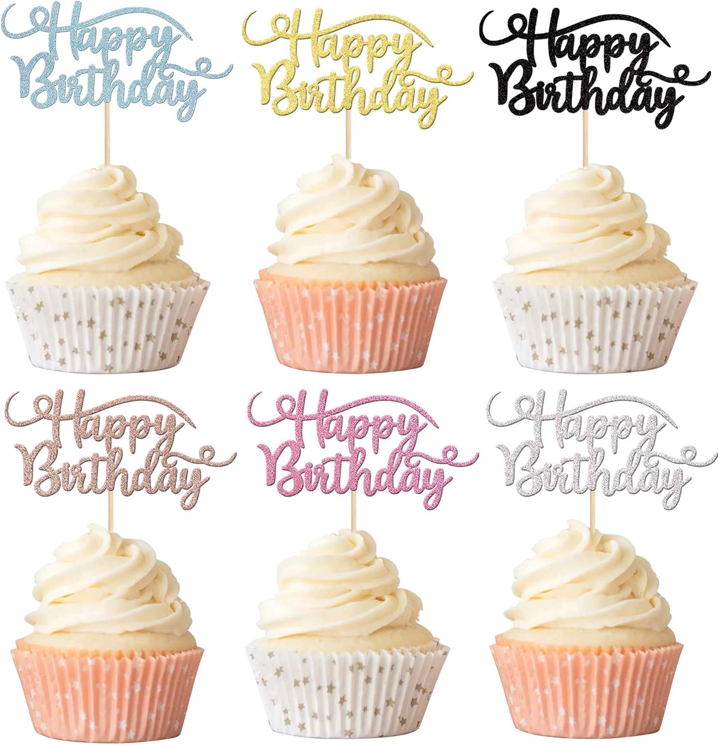 Amazon.com: Rsstarxi 24 Pack Happy Birthday Cupcake Toppers Glitter ...