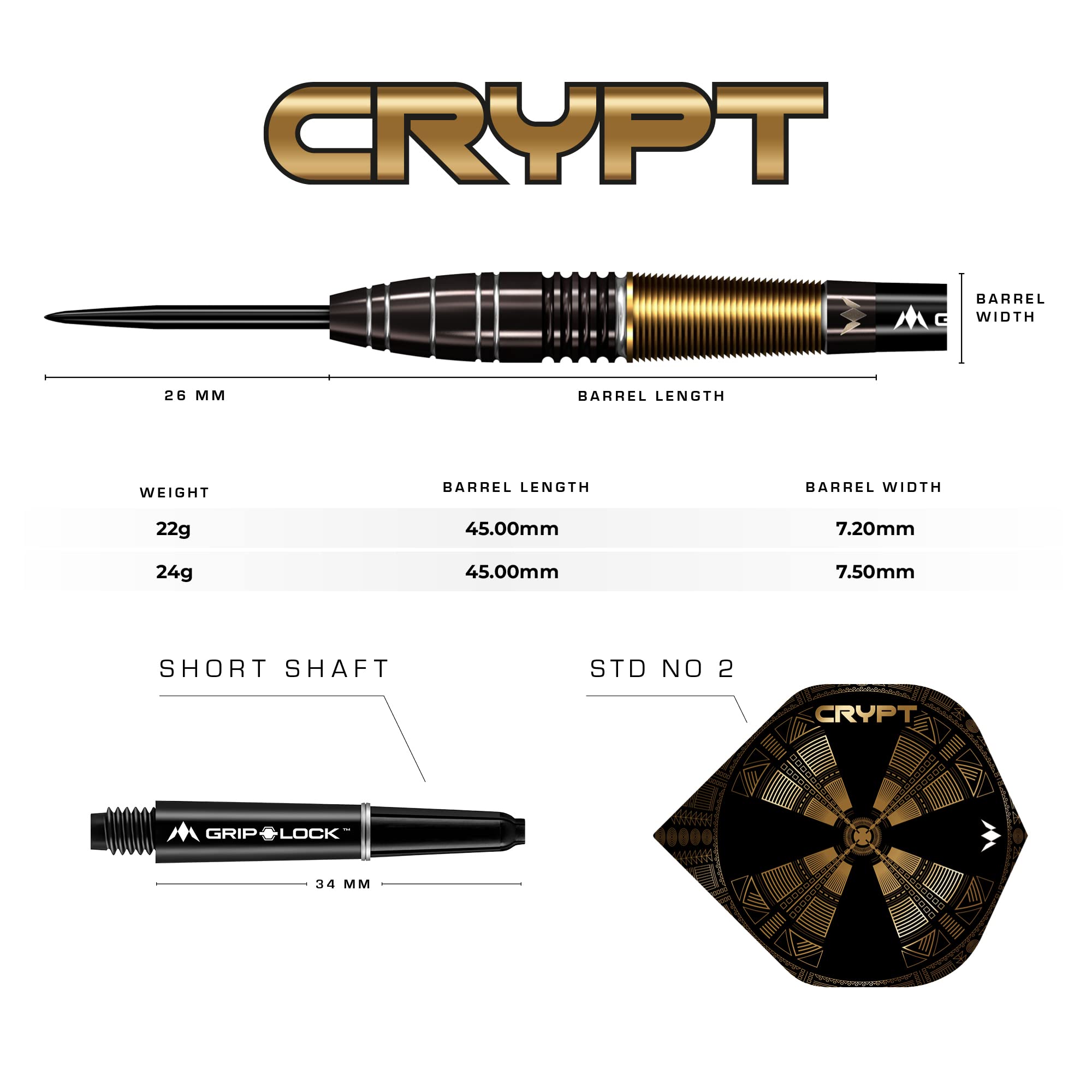 Mission Darts D1595 Crypt | Zestaw rzutek z wysokiej jakości 90% wolframu, czarny i złoty, powlekana PVD beczka i stalowa końcówka, M1, 24 g