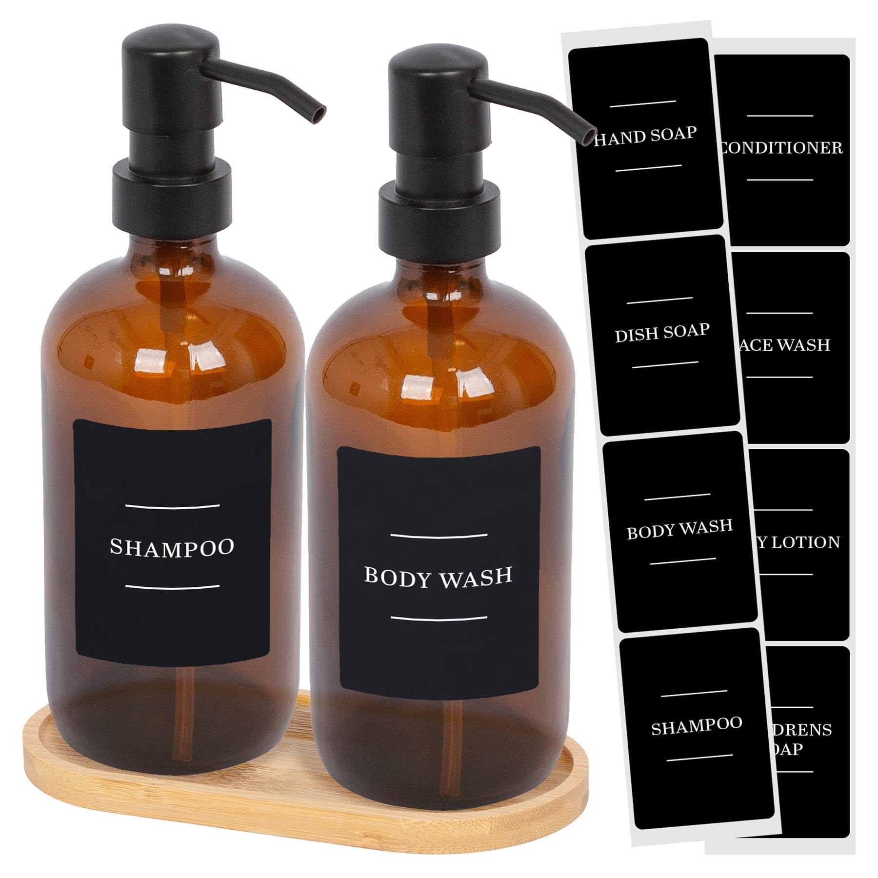 Harbour Housewares Amber/Black 2Pc 500Ml Glass Soap Dispenser With Labels & Bamboo Tray