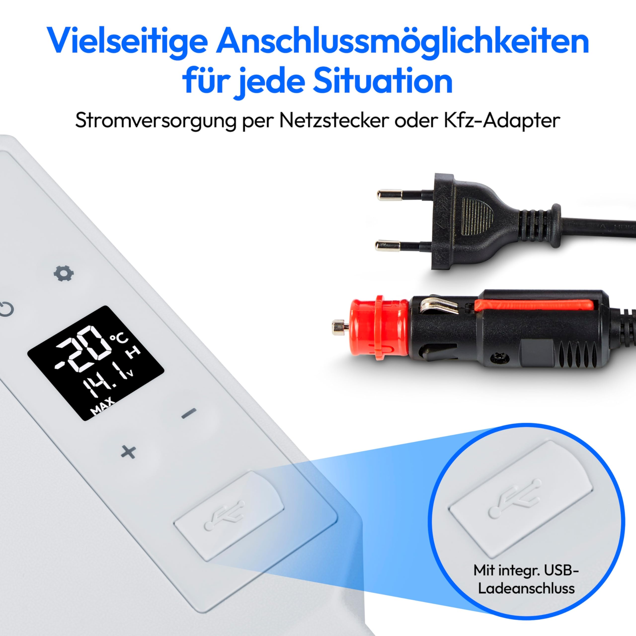 MEDION mobile elektrische Kompressor Kühlbox (50L Kapazität, elektrisch, Mini Kühlschrank & Gefrierbox, USB, 230V 12V 24V KFZ Adapter, für Auto LKW Wohnwagen Camping Boot Garten Festival, MD13112)