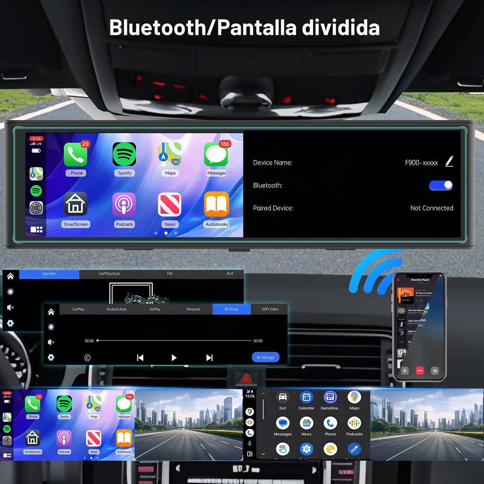 Hodozzy 4K Espejo Retrovisor Coche Dash CAM Inalámbrico Carplay Android Auto,Cámaras Visión Frontal y Trasera 1080P,Pantalla Táctil IPS de 10,99 Pulgadas con Grabación en Bucle/Airplay/AUX/FM