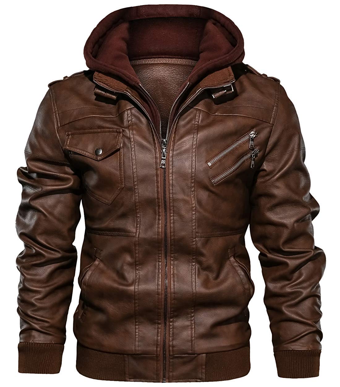 Men Removable Hood Leather Motorcycle Biker Jacket