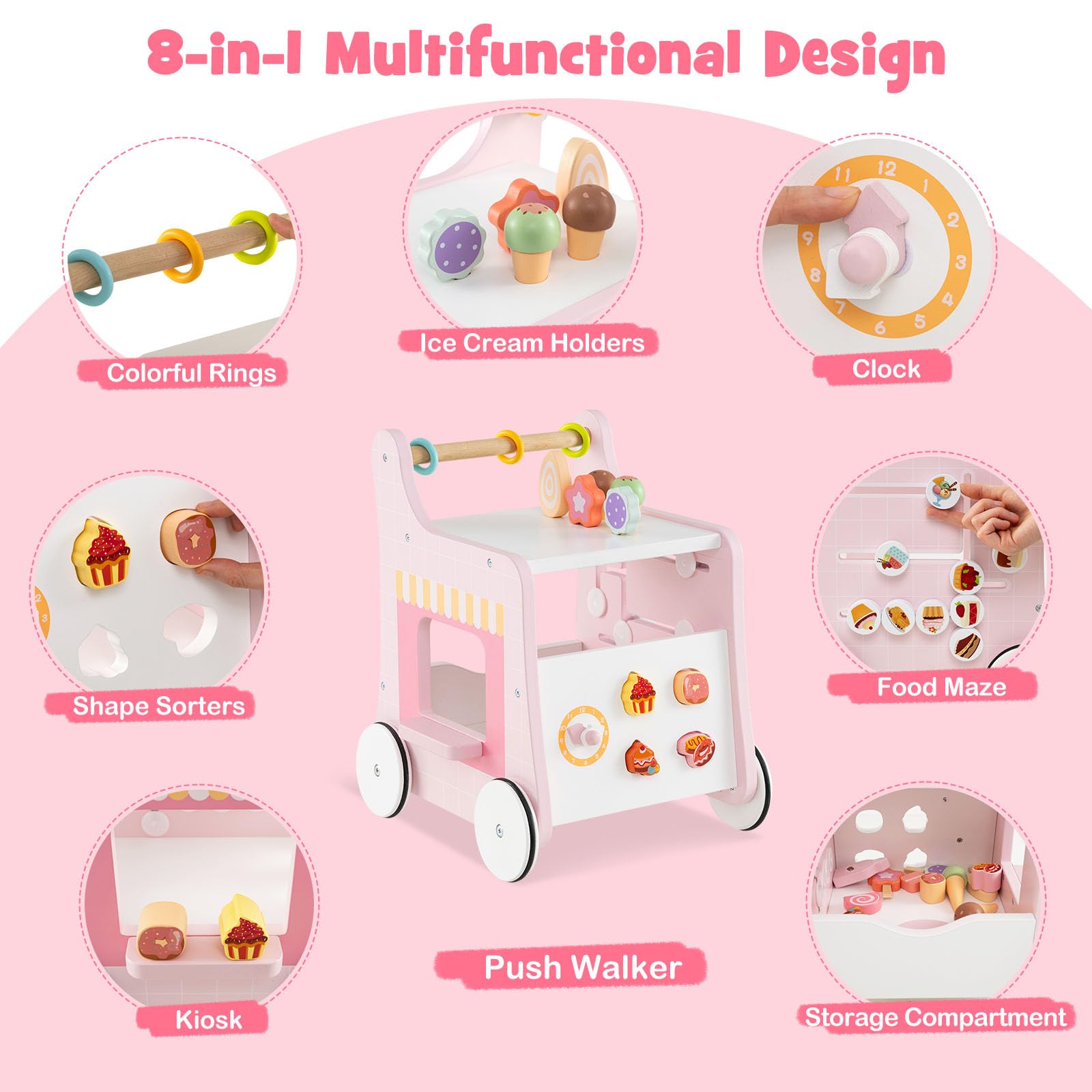 LIFEZEAL Girello per Bambini 1+Anni in Legno, Giochi di Ruolo Gelateria, Carrello Primi Passi Montessori, Baby Walker per Imparare a Camminare, Giocattoli, Ruote Antiscivolo, Portaoggetti, Maniglia