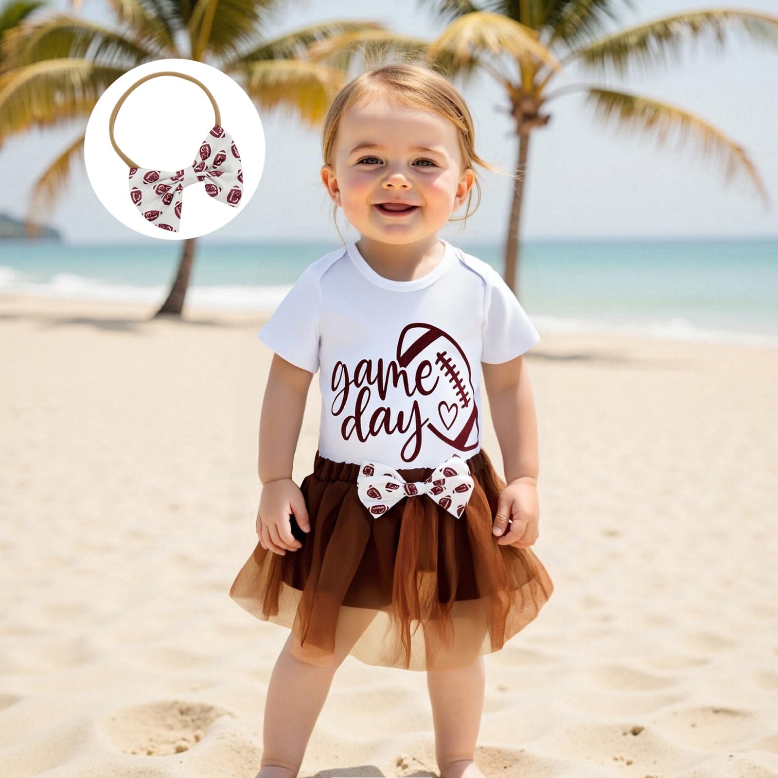 Canis Infant Baby Girls Football Outfit Game Day Rugby Print Bodysuit and Tutu Skirt Set with Headband (Brown, 0-3 Months)