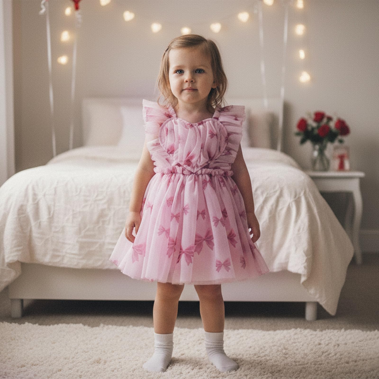 GXNRHG Baby Girl Valentines Tutu Sukienka Śliczny nadruk w kształcie serca Pończoch Suknie liniowe Letnia księżniczka Urodziny Party Wzburzona sukienka letnia