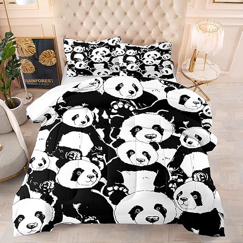 Miniatura 1 de Juego de edredón con estampado de oso panda 3D para niños, 3 piezas, ligero, blanco y negro, con 1 edredón y 2 fundas de almohada para niños y niñas